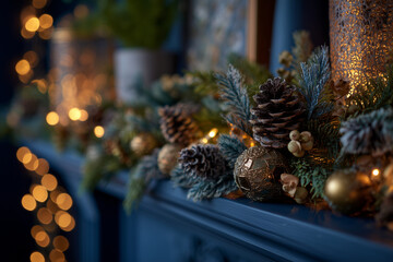 Cozy Christmas mantel garland with frosted pinecones, glittering gold baubles and warm bokeh lights for seasonal holiday home decor