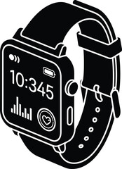 Modern black smartwatch with a digital display showing time and health metrics on a white background