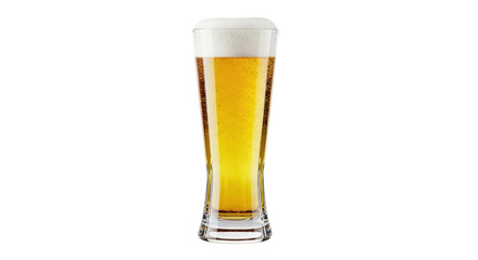 Isolated tall glass of cold refreshing lager beer with thick frothy foam on top, pub drink
