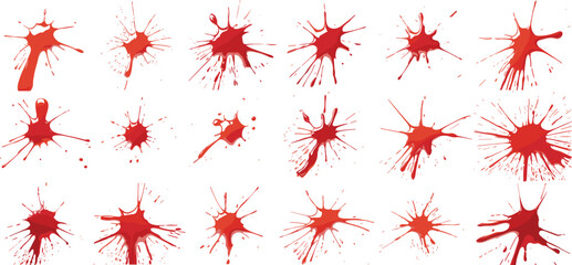 Collection of realistic red paint splatters and dripping textures, isolated liquid stains on white background for abstract design and artwork