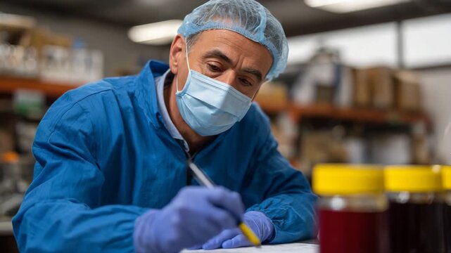 A man in a lab coat and protective gear studies samples with focus, depicting the commitment to scientific research and the importance of safety in laboratory environments.