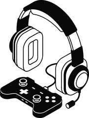 Modern black and white isometric illustration of gaming headphones and a video game controller on a white background