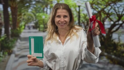 Woman holds learner plate and rolled certificate, smiles and points the certificate toward camera on street; new driver pride celebration.