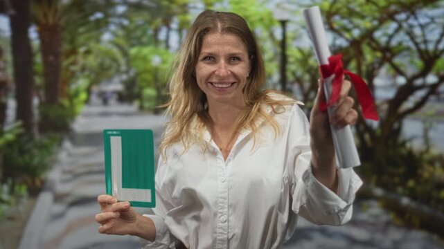 Woman holds learner plate and rolled certificate, smiles and points the certificate toward camera on street; new driver pride celebration.