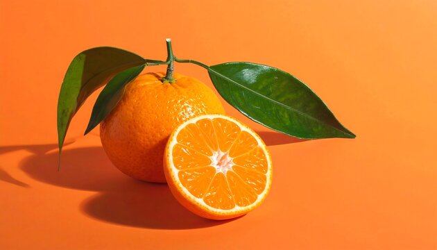 Vibrant orange citrus with leaves, half cut to show segments, against bright orange