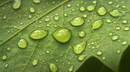 Closeup Dew Drops on Vibrant Green Leaf water droplets