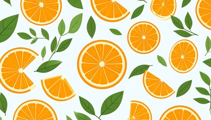 Vibrant pattern with sliced citrus and green leaves on a light backdrop