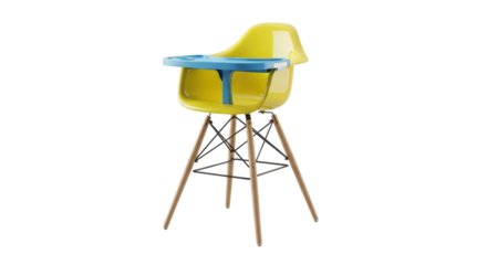 Isolated, yellow molded plastic baby highchair with wooden legs and blue plastic tray