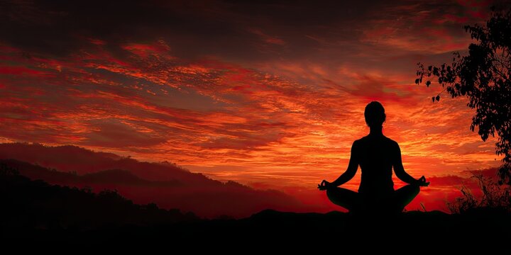 A woman meditates, relaxing in a yoga pose at sunset. Silhouette in the lotus position. Back view.