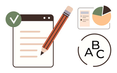 Notebook page with pencil, pie chart with report, alphabetical grading circle, and check mark for completion. Ideal for education, writing, analytics, organization, research planning study tips