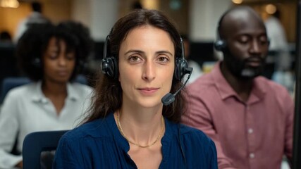 A smiling call center employee wearing a headset interacts warmly with clients, embodying dedication, professionalism, and the crucial role of customer service in business. - Powered by Adobe