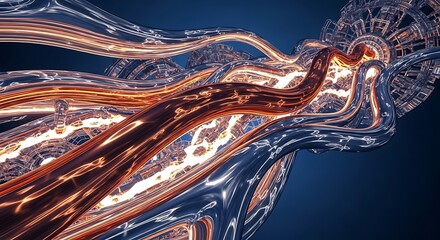 Abstract metallic ribbons flow with copper and silver on a dark background