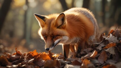 Red fox in autumn leaves, searching for food in the forest.