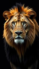 Majestic lion portrait, intense gaze, black background, beauty, photo
