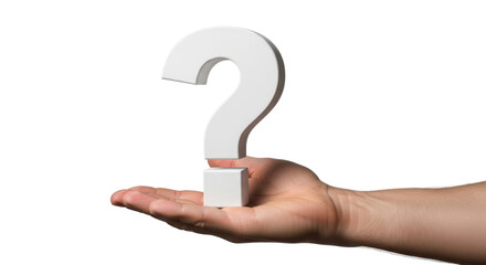 A person's hand holding a large, three dimensional white question mark. Isolated on transparent background, png