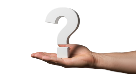 A person's hand holding a large, three dimensional white question mark. Isolated on transparent background, png