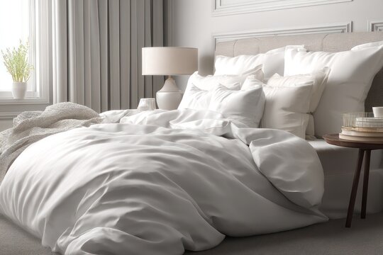 Luxurious bed scene with white bedding and soft pillows