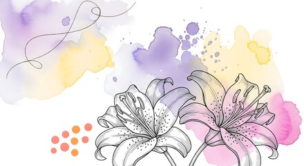 A beautiful watercolor illustration of lily flowers with abstract colorful splashes. An artistic and gentle design for greeting cards, invitations, or decorative backgrounds.