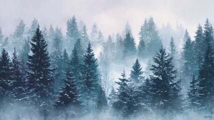Snowy winter forest painted in watercolor style. Landscape background with tall pines. Peaceful forest with sparkling snowflakes, creating a holiday atmosphere. Warm bokeh lights. Generative AI