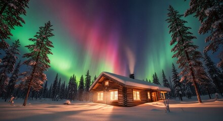 Enchanting Northern Lights Dance Above a Cozy Cabin in a Snowy Forest Landscape
