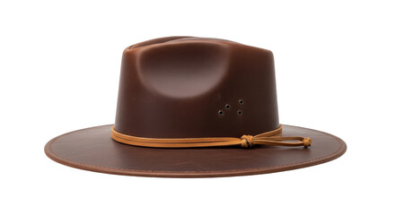 Isolated vintage brown leather hat with band, classic fashion headwear for outdoor adventure
