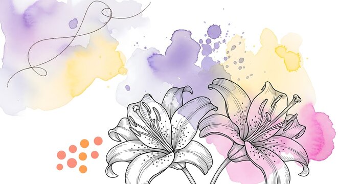 A beautiful watercolor illustration of lily flowers with abstract colorful splashes. An artistic and gentle design for greeting cards, invitations, or decorative backgrounds.