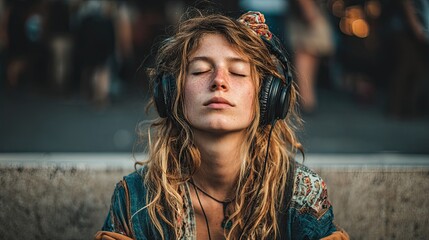 A young woman sits outside, wearing headphones for a guided meditation. Her eyes are closed