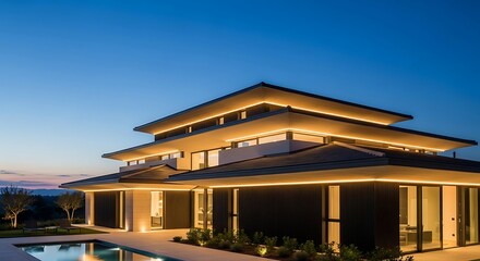 Fototapeta premium Spectacular Luxury Residence Illuminated at Twilight with Pool and Landscape