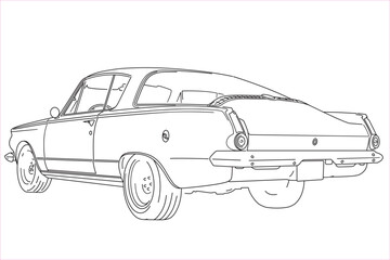 Vintage American muscle car from 1964 low angle left-rear view line art