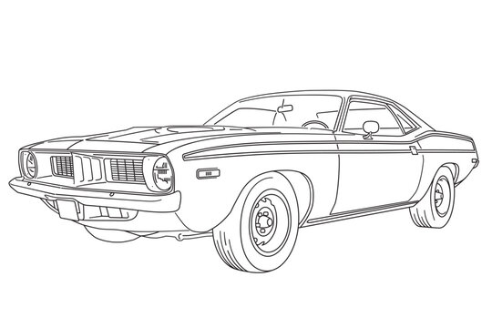 Fototapeta Vintage American Muscle Car from 1972 low angle semi-frontal view lineart