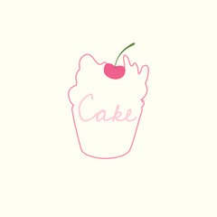 Minimalist cupcake outline with “CAKE” text. Simple linear vector design suitable for logo, cafe menu, bakery branding, packaging, or T-shirt print.
