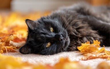 Fluffy black cat relaxing on an orange leaf bed in a cozy indoor setting during autumn