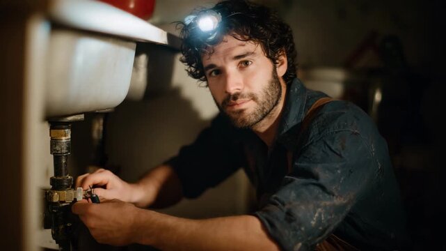 A cheerful plumber with a headlamp works diligently under a sink, showcasing expertise and professionalism while highlighting the importance of skilled trades.