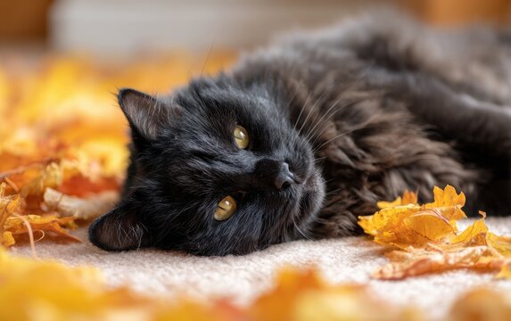 Fluffy black cat relaxing on an orange leaf bed in a cozy indoor setting during autumn - Powered by Adobe