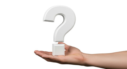 A person's hand holding a large, three dimensional white question mark. Isolated on transparent background, png