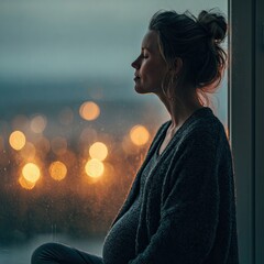 Photo of an unknown pregnant woman meditating at home. Side view. Bokeh.