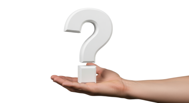 A person's hand holding a large, three dimensional white question mark. Isolated on transparent background, png