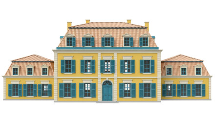 Isolated Mansion with Yellow Walls and Blue Shutters on Windows, Ornate European Building