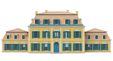 Isolated Mansion with Yellow Walls and Blue Shutters on Windows, Ornate European Building