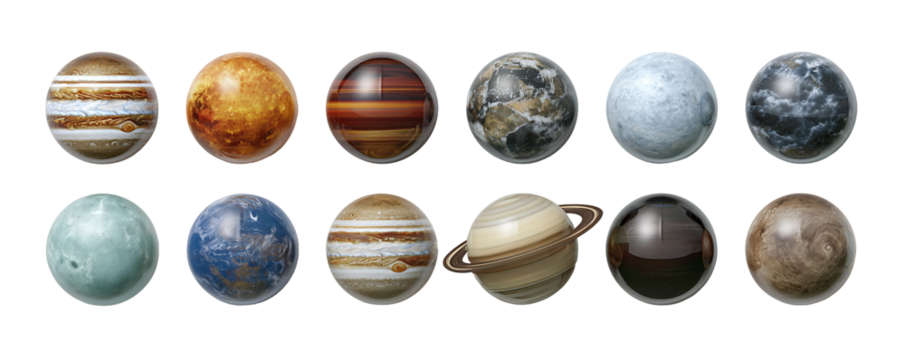 Twelve spherical planet models, including Jupiter, Venus, Saturn, on white background, concept for science education, astronomy visualization and cosmic discovery