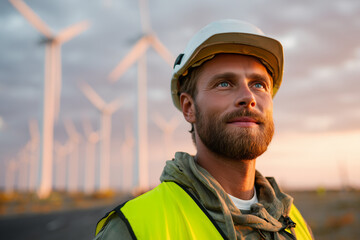 Confident wind farm engineer in hard hat and high-visibility vest at sunset, overseeing wind turbines — symbol of renewable energy and sustainable future