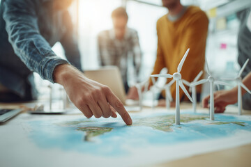 Fototapeta premium Team planning renewable energy: collaborative wind turbine siting on a world map with scale models, strategy session for sustainable clean power development