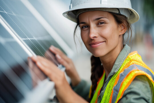 Smiling female solar technician in hard hat and high-visibility vest inspecting photovoltaic panels — renewable energy engineer.