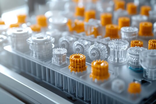 Selective focus. 3D printing tools and spare parts organized onboard for workflow.