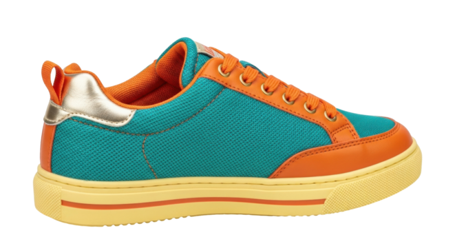 Isolated, turquoise canvas shoe with orange leather details and light yellow sole, side view