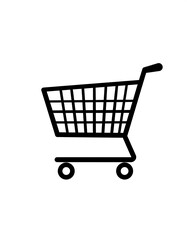 A simple, two-dimensional, monochromatic illustration depicting a shopping cart. The cart is rendered in black against a stark white background