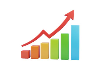 Colorful bar graph with red arrow isolated on transparent PNG, business growth and financial success concept