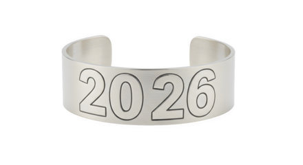 Silver metallic cuff bracelet displays "2026." Modern design stands out for accessory product photography, branding, or jewelry promotion.