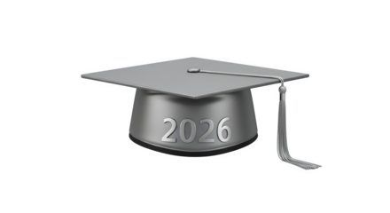 Silver 2026 Graduation Cap on Black shows future achievements. Great for announcements, posters, or social media posts celebrating education and class of 2026.