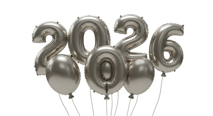 Silver balloons form 2026 on black. Shiny, metallic texture. Ideal for New Year's Eve posters, party invitations, or digital marketing visuals.